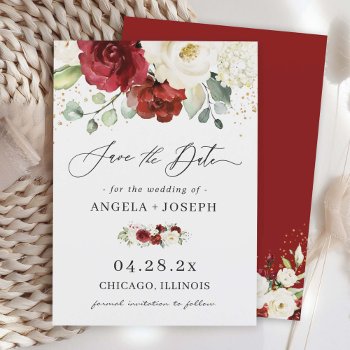 Beautiful Red White Rose Floral Eucalyptus Wedding Save The Date by CardHunter at Zazzle