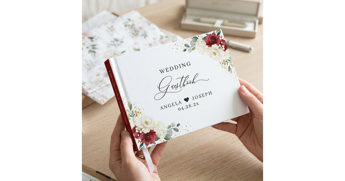 Beautiful Red White Rose Floral Wedding Guest Book | Zazzle