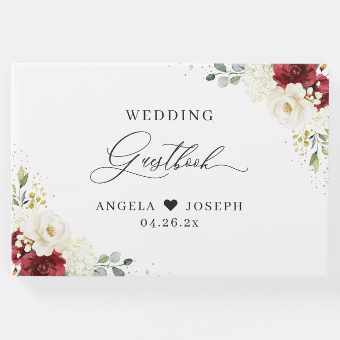 Beautiful Red White Rose Floral Wedding Guest Book