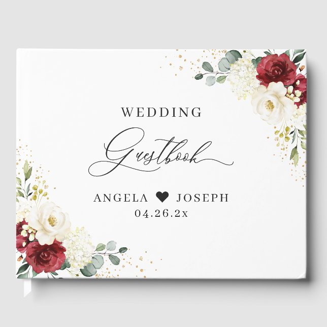 Beautiful Red White Rose Floral Wedding Guest Book (Front)