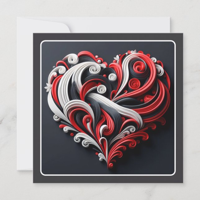 Beautiful Red & White Scroll Heart Valentine Holiday Card (Front)
