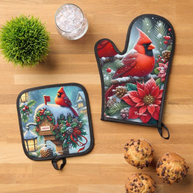 Beautiful Red Winter Cardinals Oven Mitt & Pot Holder Set (Top Down)