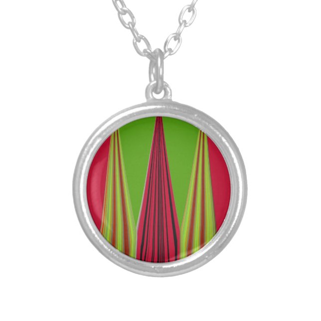 Beautiful red yellow green fractal art design      silver plated necklace (Front)