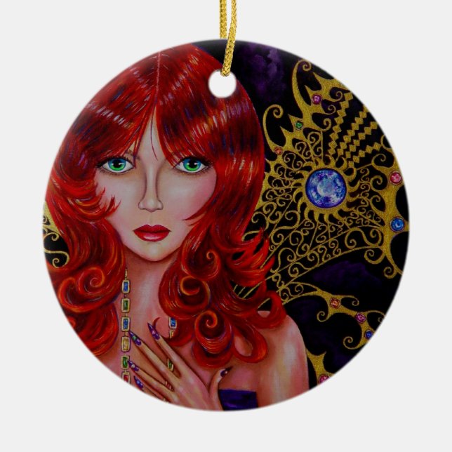 Beautiful Redhead Jewel Fairy Green Eyes Ceramic Ornament (Front)