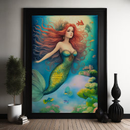 Beautiful Redhead Mermaid Swimming Reef Poster