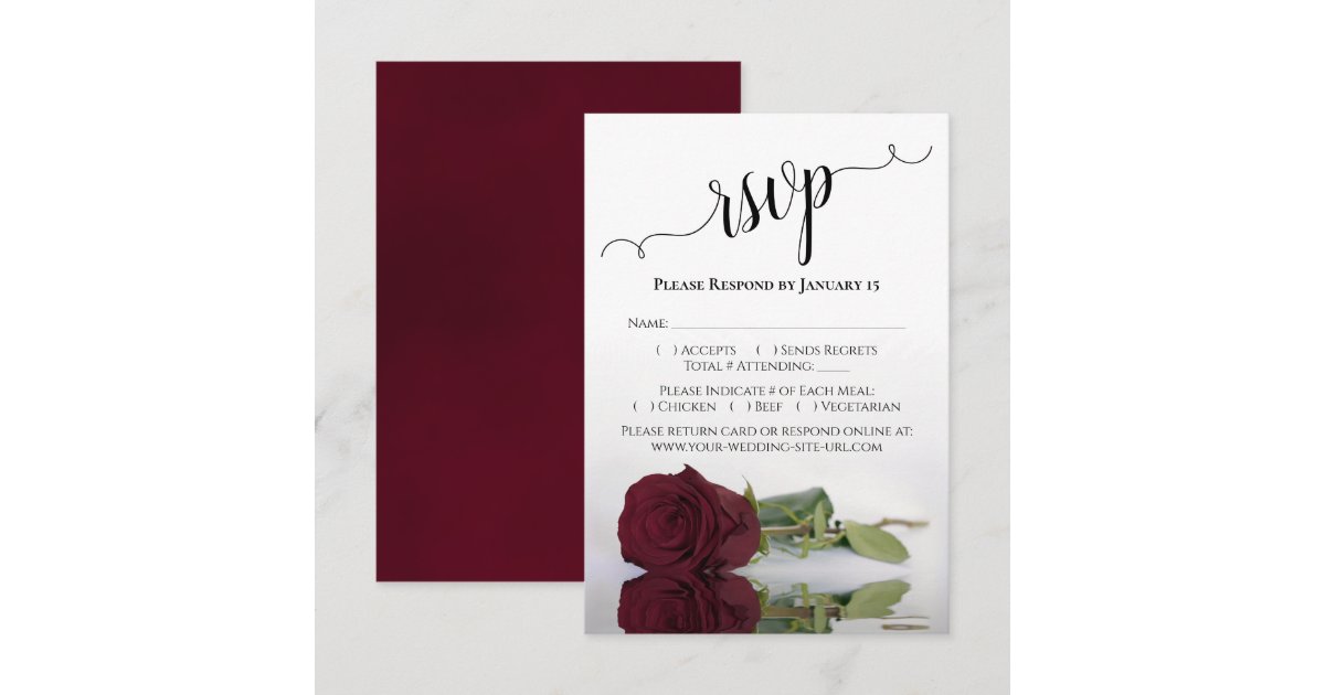 Beautiful Reflecting Burgundy Rose Wedding RSVP Card | Zazzle