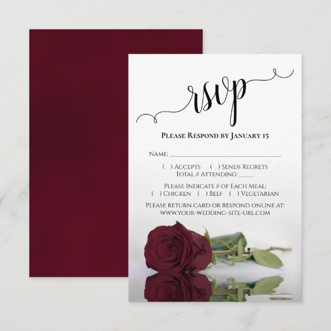 Beautiful Reflecting Burgundy Rose Wedding RSVP Card (Front/Back)
