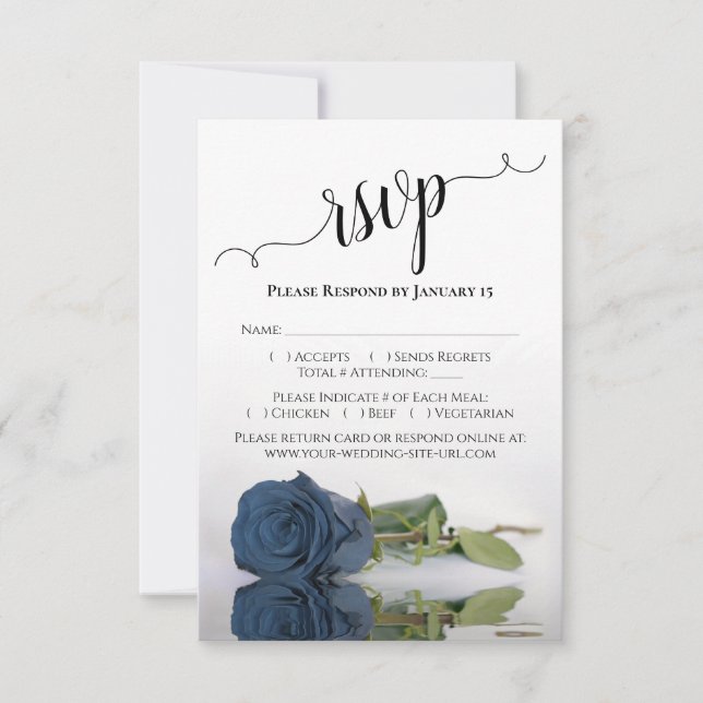 Beautiful Reflecting Dusty Steel Blue Rose Wedding RSVP Card (Front)