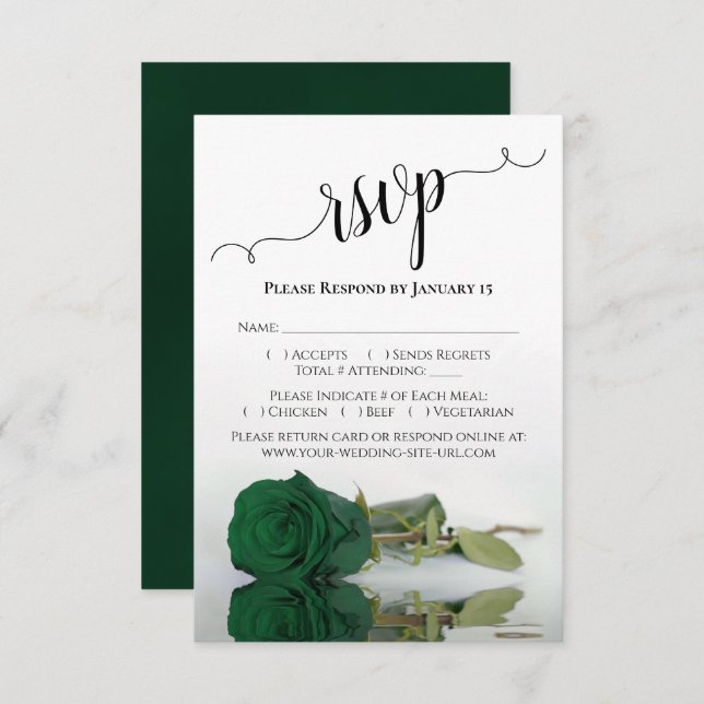Beautiful Reflecting Emerald Green Rose Wedding RSVP Card (Front/Back)