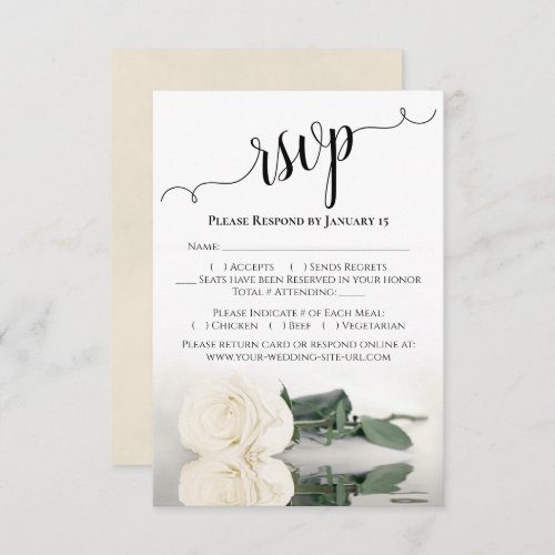 Beautiful Reflecting Ivory or White Rose Wedding RSVP Card