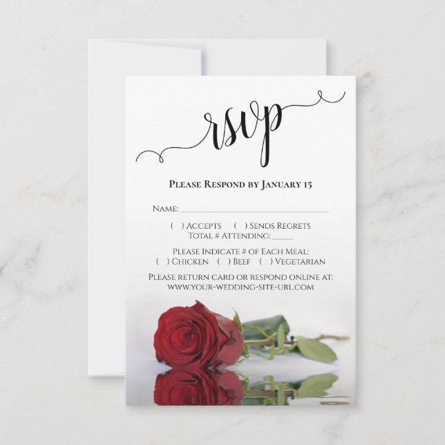 Beautiful Reflecting Red Rose Wedding RSVP Card (Front)