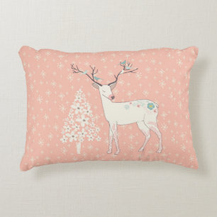 Beautiful Reindeer and Snowflakes Pink Accent Pillow