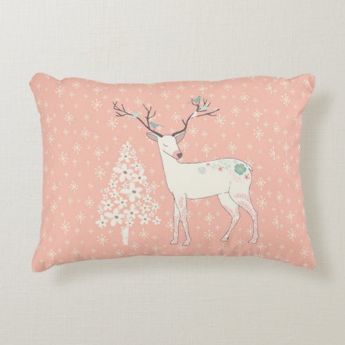 Beautiful Reindeer and Snowflakes Pink Accent Pillow
