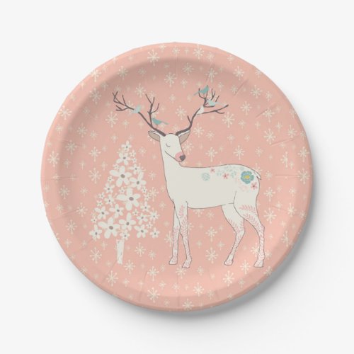 Beautiful Reindeer and Snowflakes Pink Paper Plates
