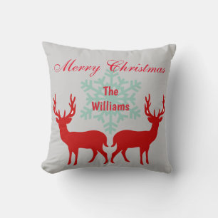 Beautiful Reindeer Merry Christmas Silver and Red Throw Pillow