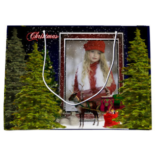 Beautiful Reindeer, Sleigh & Evergreens Christmas Large Gift Bag