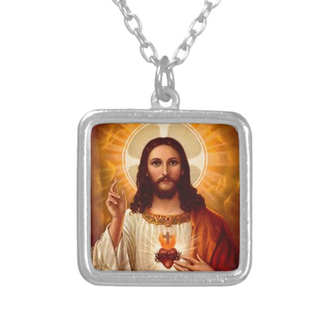 Beautiful religious Sacred Heart of Jesus image Silver Plated Necklace (Front)