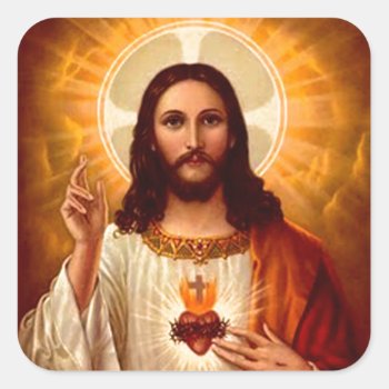 Beautiful Religious Sacred Heart Of Jesus Image Square Sticker by InovArtS at Zazzle