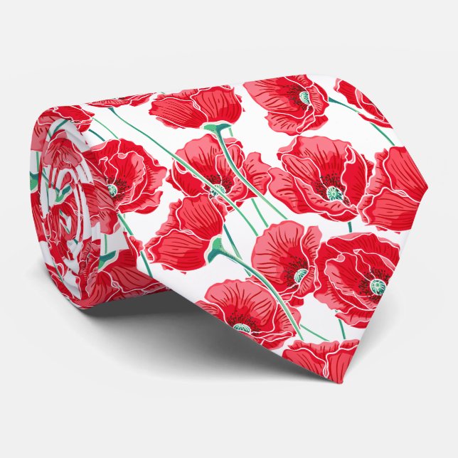 Beautiful Remembrance Red Poppy Field Floral Neck Tie (Rolled)