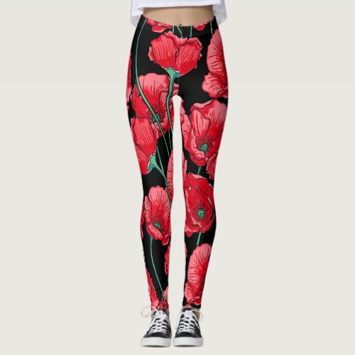 Beautiful Remembrance Red Poppy Pattern Leggings