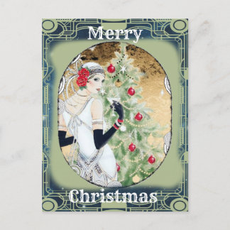 Beautiful Retro Lady and Christmas Tree Holiday Postcard