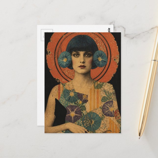 Beautiful Retro Lady and Flowers Postcard (Front/Back In Situ)
