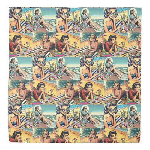 Beautiful Retro Lady at the Beach with Cocktail Duvet Cover