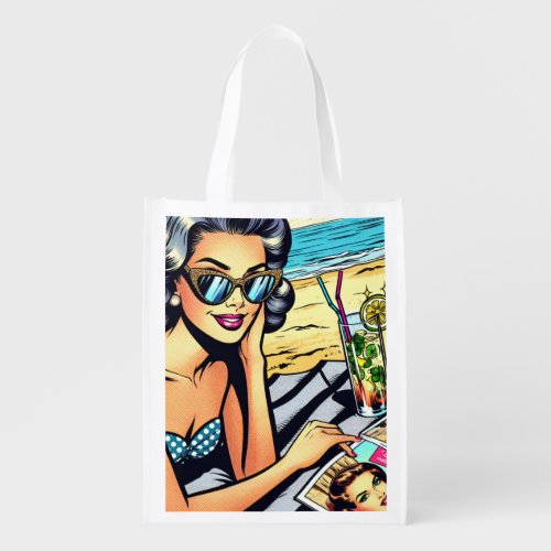 Beautiful Retro Lady at the Beach with Cocktail Grocery Bag
