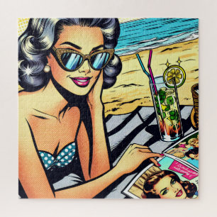 Beautiful Retro Lady at the Beach with Cocktail Jigsaw Puzzle