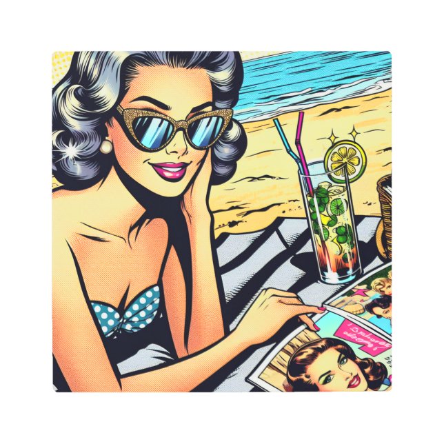 Beautiful Retro Lady at the Beach with Cocktail Metal Print (Front)