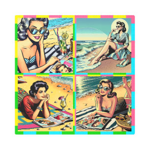Beautiful Retro Lady at the Beach with Cocktail Metal Print