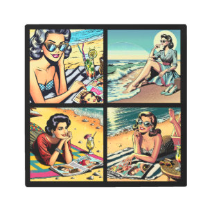 Beautiful Retro Lady at the Beach with Cocktail Metal Print