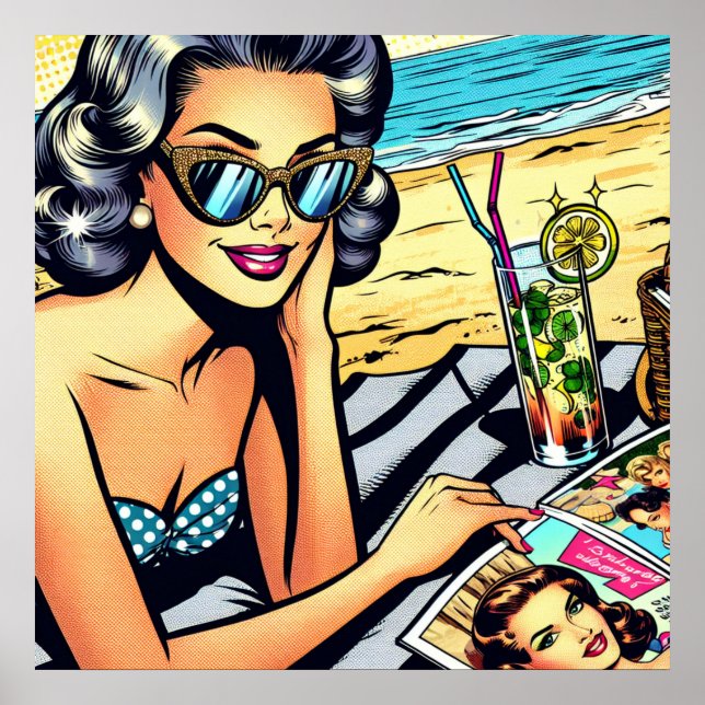 Beautiful Retro Lady at the Beach with Cocktail Poster (Front)