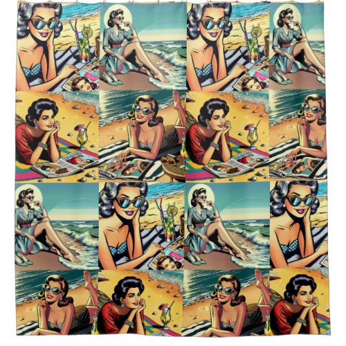 Beautiful Retro Lady at the Beach with Cocktail Shower Curtain