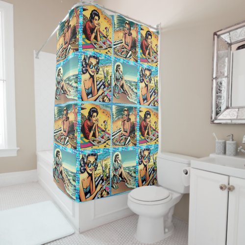 Beautiful Retro Lady at the Beach with Cocktail Shower Curtain