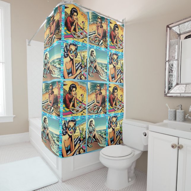 Beautiful Retro Lady at the Beach with Cocktail Shower Curtain (In Situ)