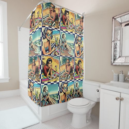 Beautiful Retro Lady at the Beach with Cocktail Shower Curtain