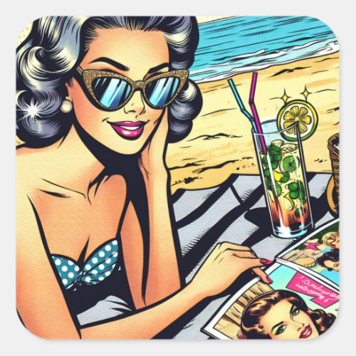 Beautiful Retro Lady at the Beach with Cocktail Square Sticker