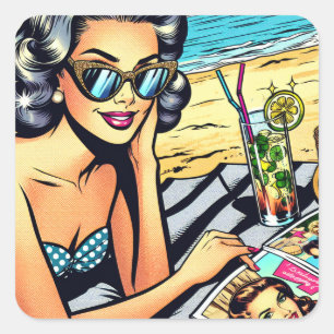 Beautiful Retro Lady at the Beach with Cocktail Square Sticker