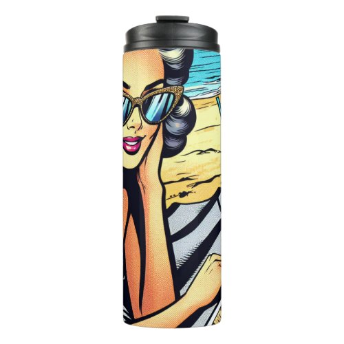 Beautiful Retro Lady at the Beach with Cocktail Thermal Tumbler