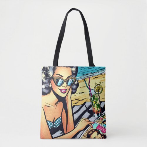 Beautiful Retro Lady at the Beach with Cocktail Tote Bag