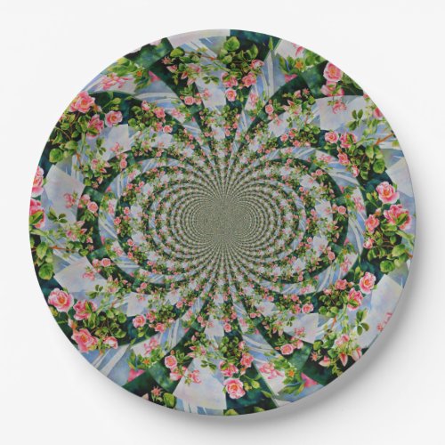 Beautiful retro pink red roses watercolor floral paper plates