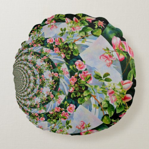 Beautiful retro pink red roses watercolor floral round pillow