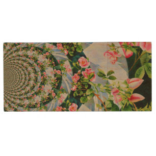 Beautiful retro pink red roses watercolor floral wood USB flash drive
