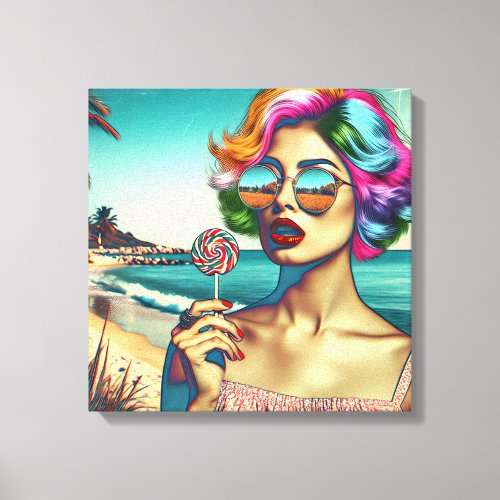Beautiful Retro Pop Art Woman with Lollipop Canvas Print