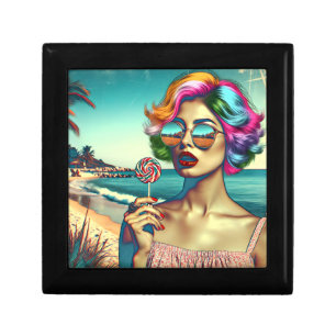 Beautiful Retro Pop Art Woman with Lollipop Gift Box