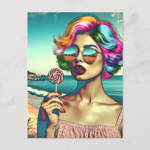 Beautiful Retro Pop Art Woman with Lollipop Postcard