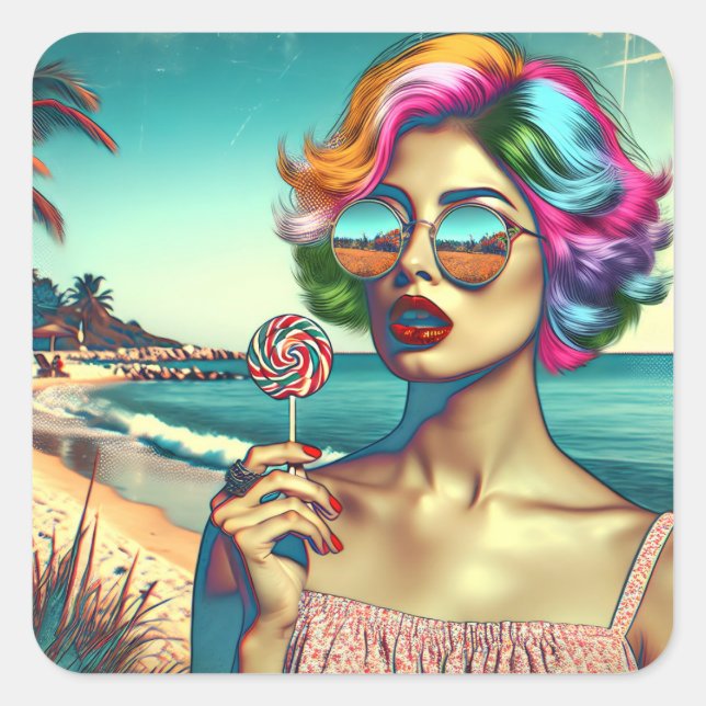 Beautiful Retro Pop Art Woman with Lollipop Square Sticker (Front)