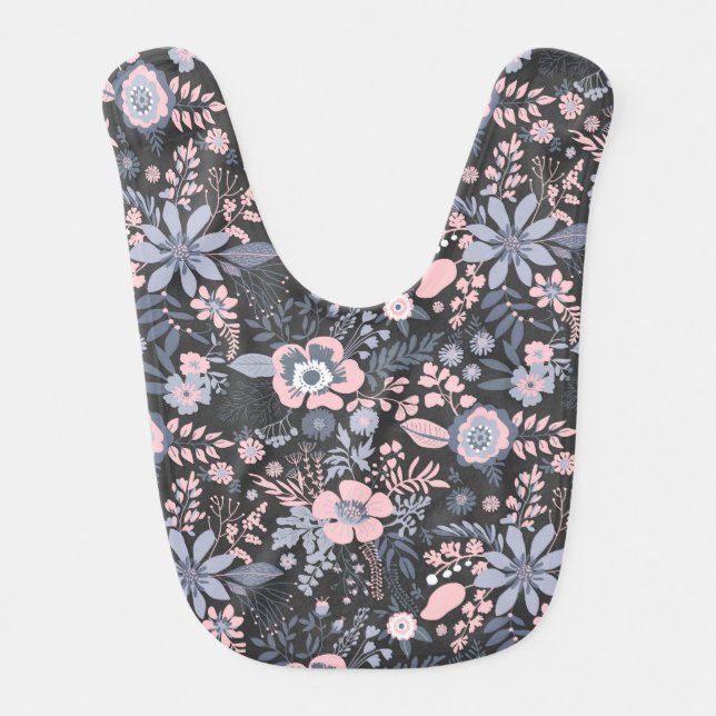 Beautiful retro style blue pastel floral pattern baby bib (Front)