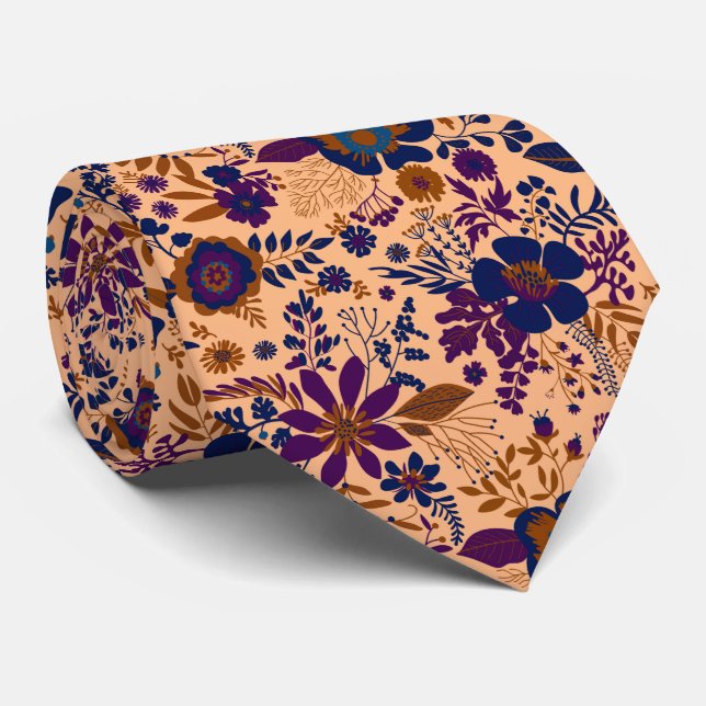 Beautiful retro style orange pastel floral pattern neck tie (Rolled)